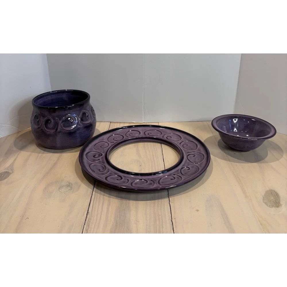 Bostwick 2016 Studio Pottery Purple Swirl 3-Piece Chip Dip Set Artisan Ceramic